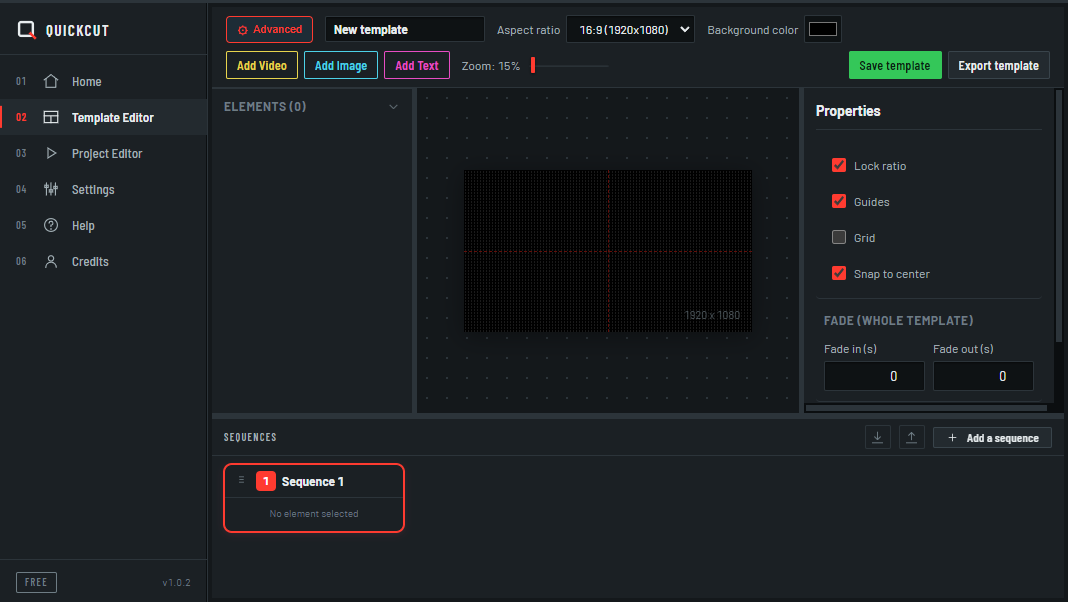 The QuickCut template editor: toolbar, grid canvas, properties panel and sequence panel.