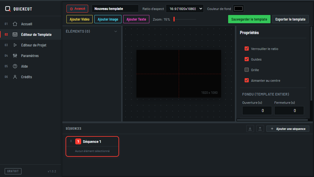 L’éditeur de template de QuickCut : barre d’outils, canevas quadrillé, panneau de propriétés et panneau de séquences.